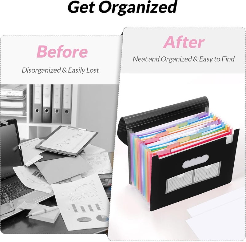 Skydue Accordion File Organizer, 13 Pocket File Folder Organizer with Colorful Tabs, Expanding Document Organizer for Letter A4 Size for Office School Use Black - Image 2